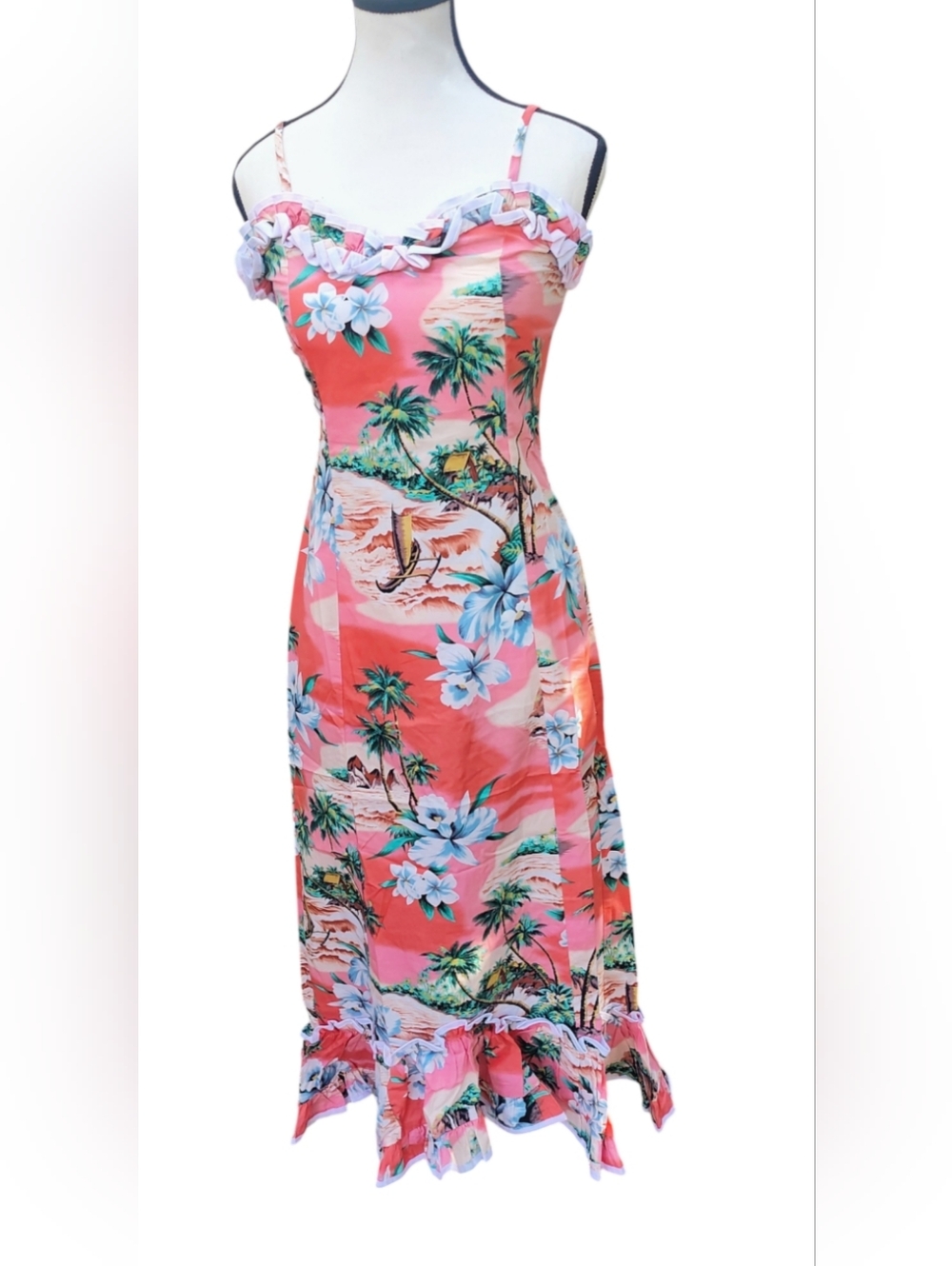Coral Tropical Maxi Dress with Ruffle Trim